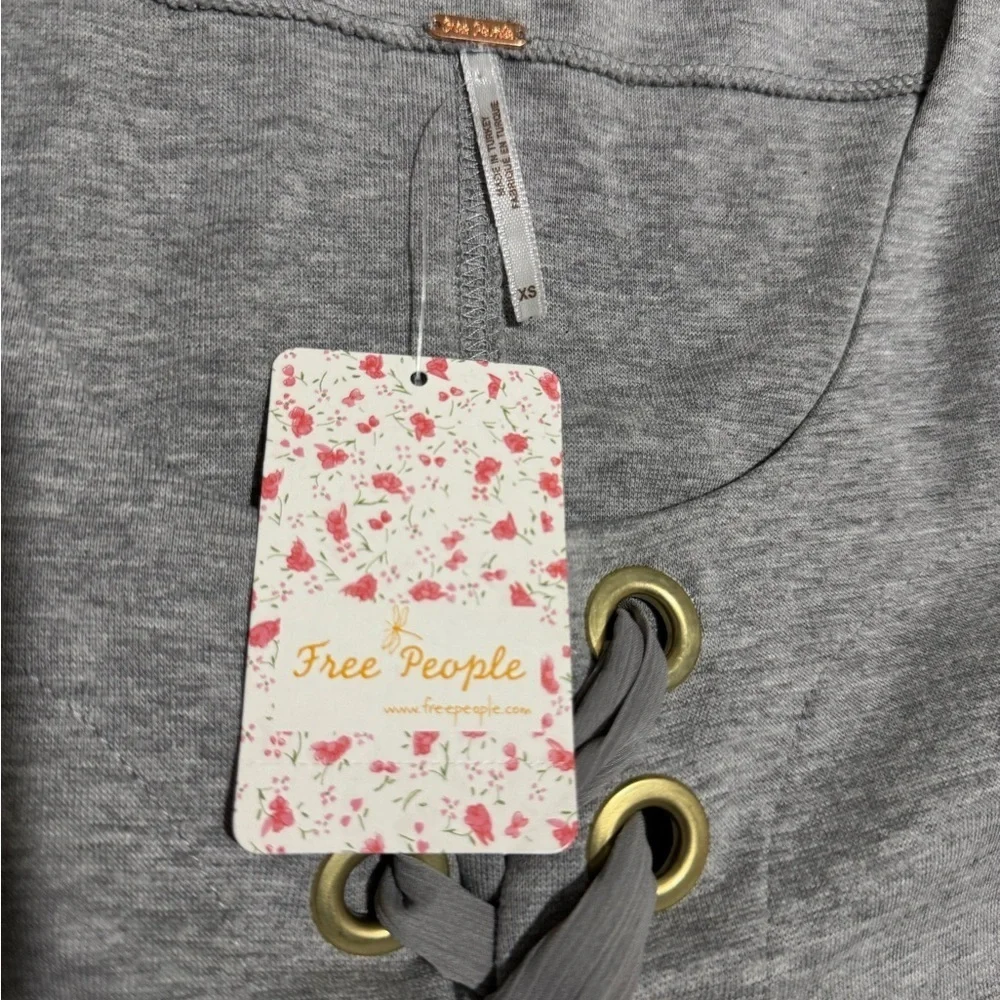 Free People Light Gray Lace-Up Long Sleeve Top